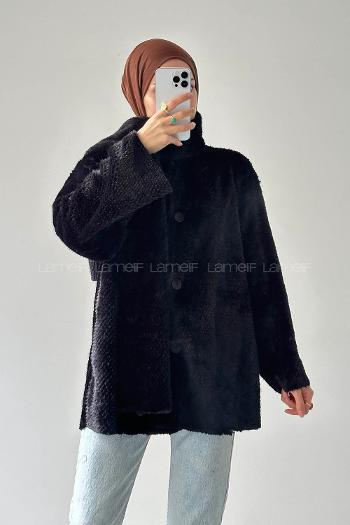 Lamelif Atkılı Peluş Mont Siyah