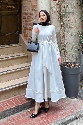 Lamelif Bağlama Detaylı Scuba Elbise Beyaz