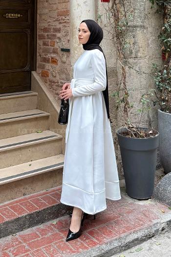 Lamelif Bağlama Detaylı Scuba Elbise Beyaz