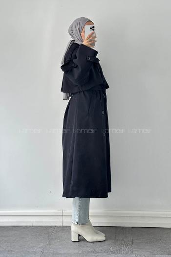 Lamelif Bağlama Detaylı Trençkot Lacivert