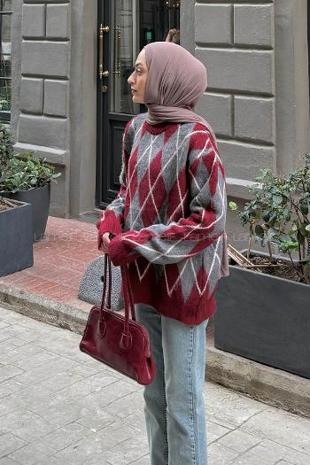 Lamelif Baklava Desen Şardonlu Kazak Bordo