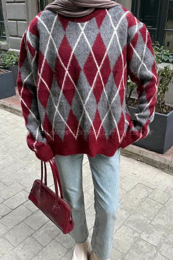 Lamelif Baklava Desen Şardonlu Kazak Bordo