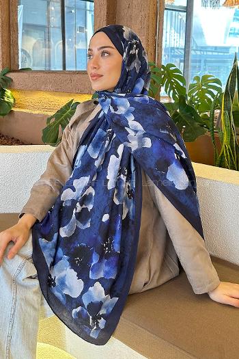Navy Blue Cotton Fabric Flowering Shawl