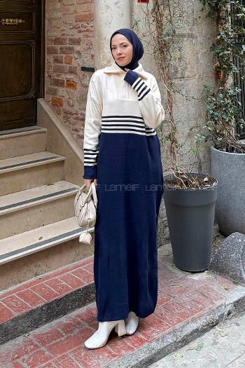 Lamelif Boğazlı Çizgi Detaylı Triko Elbise Lacivert
