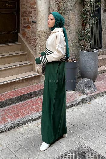 Lamelif Boğazlı Çizgi Detaylı Triko Elbise Zümrüt Yeşili