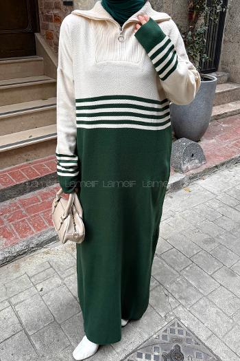 Lamelif Boğazlı Çizgi Detaylı Triko Elbise Zümrüt Yeşili