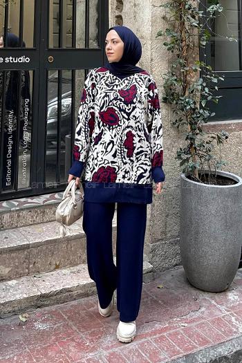 Lamelif Desenli Triko Takım Lacivert