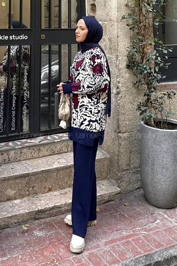 Lamelif Desenli Triko Takım Lacivert