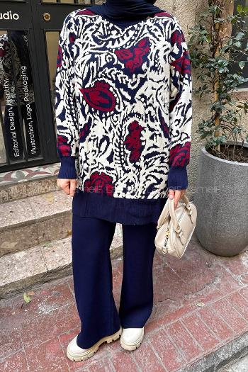 Lamelif Desenli Triko Takım Lacivert