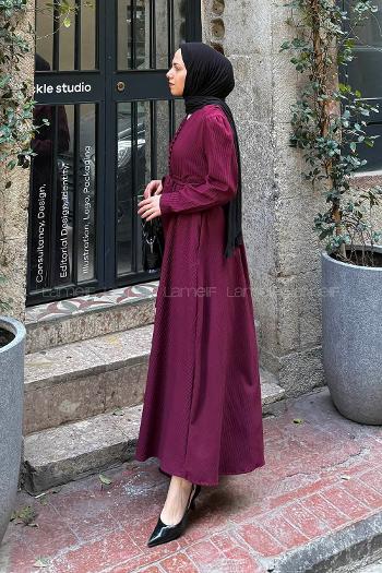 Lamelif Düğme Detaylı Tesettür Elbise Bordo