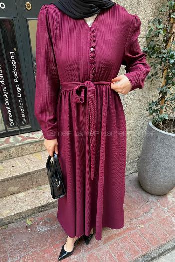 Lamelif Düğme Detaylı Tesettür Elbise Bordo