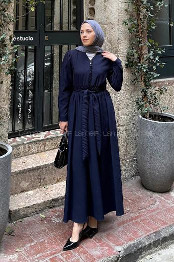 Lamelif Düğme Detaylı Tesettür Elbise Lacivert