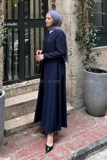 Lamelif Düğme Detaylı Tesettür Elbise Lacivert