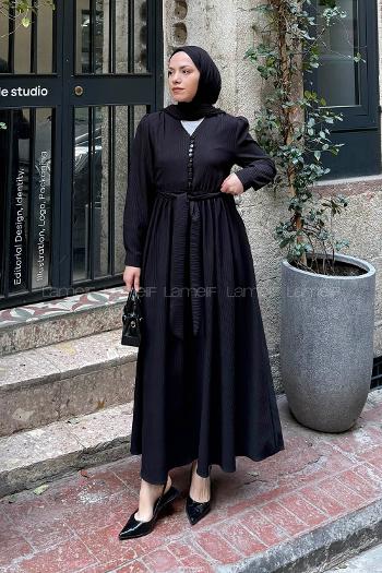 Lamelif Düğme Detaylı Tesettür Elbise Siyah