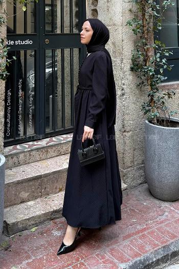 Lamelif Düğme Detaylı Tesettür Elbise Siyah