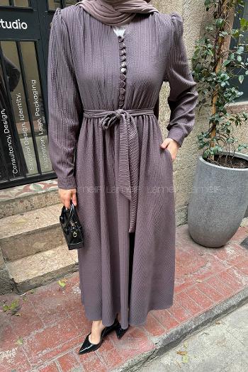 Lamelif Düğme Detaylı Tesettür Elbise Vizonrengi