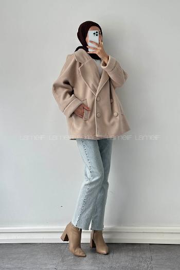 Lamelif Düğmeli Kruvaze Kaban Bej