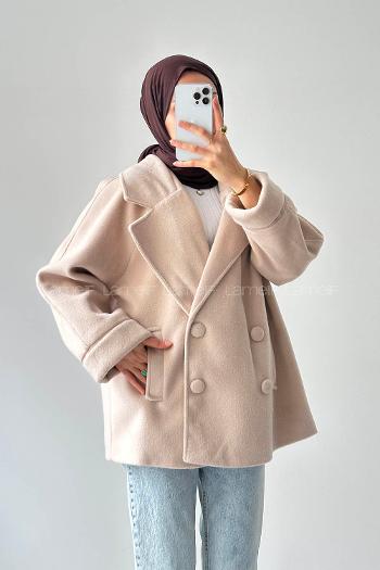 Lamelif Düğmeli Kruvaze Kaban Bej