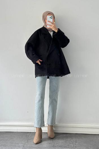 Lamelif Düğmeli Kruvaze Kaban Siyah