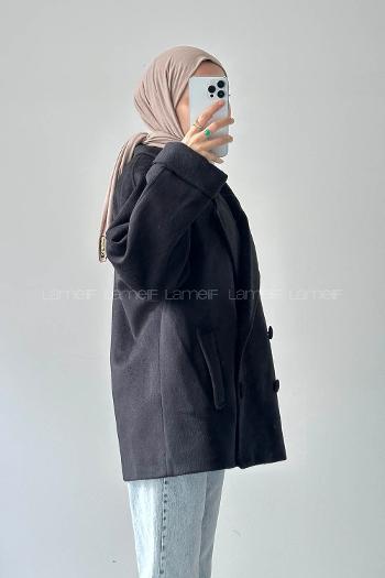 Lamelif Düğmeli Kruvaze Kaban Siyah