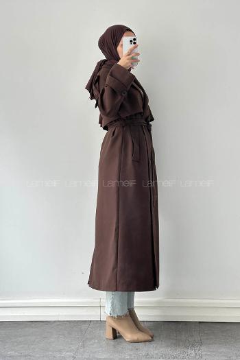 Lamelif Fleto Cep Omuz Apoletli Trençkot Acı Kahve