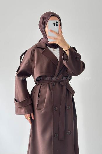 Lamelif Fleto Cep Omuz Apoletli Trençkot Acı Kahve