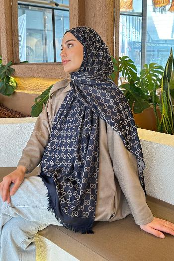 Lamelif G Desen Kaşmir Çift Taraflı Şal Lacivert Taş