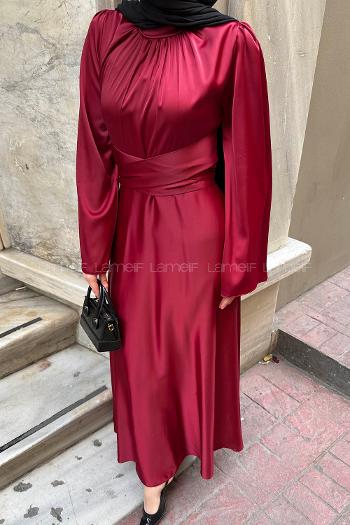 Lamelif İspanyol Kol Saten Elbise Bordo