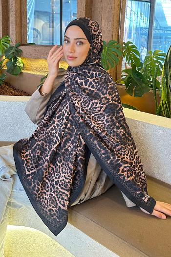 Lamelif Leopar Desen Bambu Şal Siyah Kahverengi