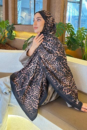 Lamelif Leopar Desen Bambu Şal Siyah Kahverengi