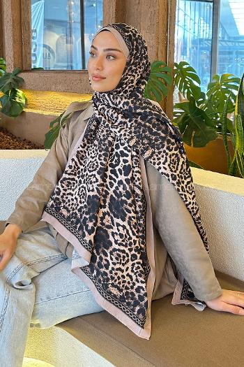 Lamelif Leopar Desen Bambu Şal Vizon
