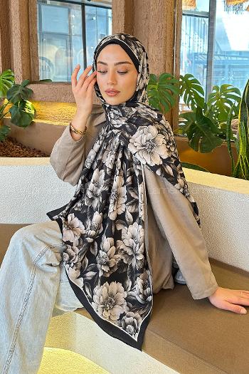 Lamelif Lotus Desen Bambu Şal Siyah Taş