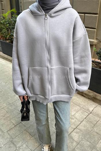 Lamelif Ön Fermuarlı Düz Sweatshirt Açık Gri