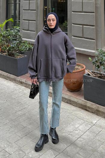 Lamelif Ön Fermuarlı Düz Sweatshirt Antrasit