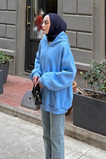 Lamelif Ön Fermuarlı Düz Sweatshirt Bebek Mavisi