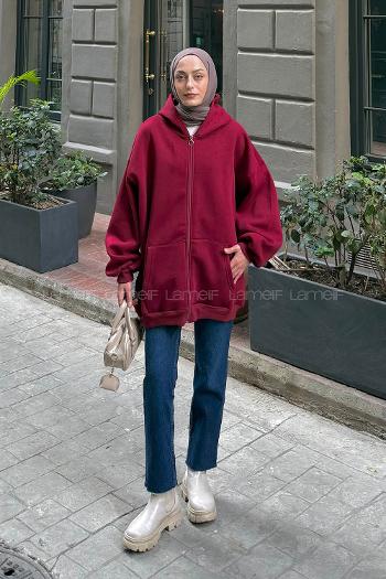 Lamelif Ön Fermuarlı Düz Sweatshirt Bordo