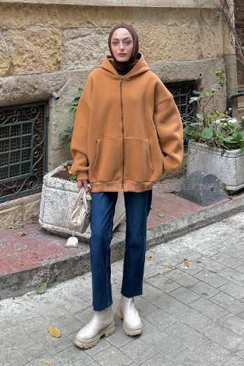 Lamelif Ön Fermuarlı Düz Sweatshirt Camel