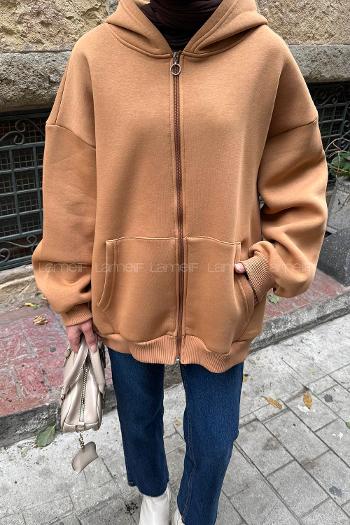 Lamelif Ön Fermuarlı Düz Sweatshirt Camel