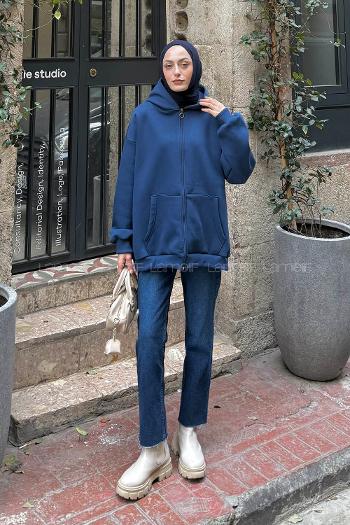 Lamelif Ön Fermuarlı Düz Sweatshirt İndigo