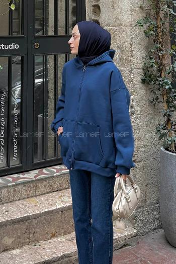 Lamelif Ön Fermuarlı Düz Sweatshirt İndigo