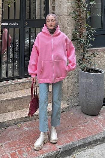 Lamelif Ön Fermuarlı Düz Sweatshirt Şeker Pembesi
