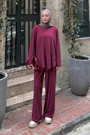 Lamelif Ön Parça Detaylı İkili Takım Bordo