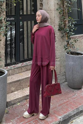 Lamelif Ön Parça Detaylı İkili Takım Bordo