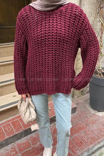 Lamelif Örgülü Kalın Kazak Bordo