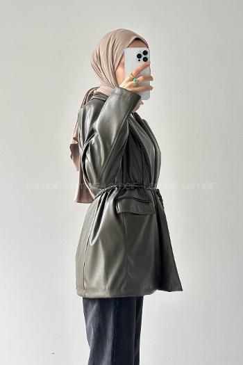 Lamelif Oversize Deri Ceket Haki