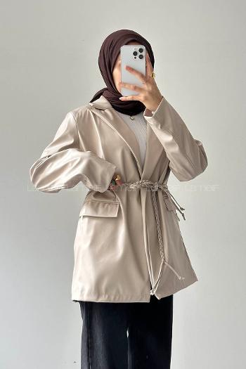 Lamelif Oversize Deri Ceket Taş Rengi