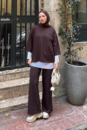 Lamelif Üçlü Tesettür Takım Acı Kahve