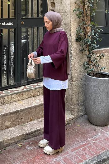 Claret Red Crew Neck Long Arm Cotton Regular Trousers Comfortable Suit