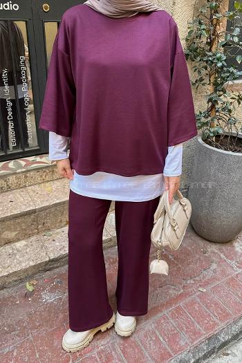 Claret Red Crew Neck Long Arm Cotton Regular Trousers Comfortable Suit