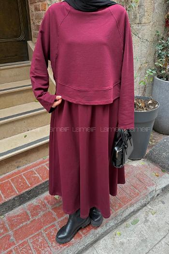Lamelif Yarasa Kol Etekli Tesettür Takım Bordo